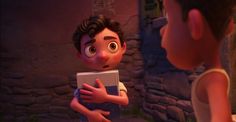 the animated character is holding a book and looking at another person in front of him