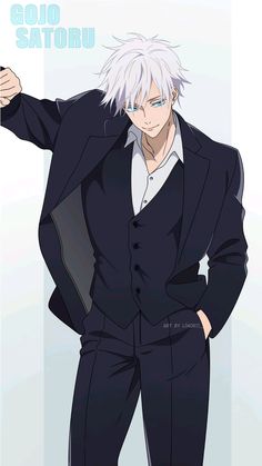 an anime character with white hair wearing a suit and holding his hands on his hips