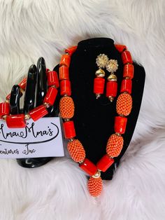 Coral glass Beads Necklace and bracelet Sets, (Iyun),  Coral Glass Beads set with accessories beads necklace. Bride, wedding, Engagement, party, traditional beads, high quality, Nigerian Coral Beads, African coral beads, Beads. Sold As A Set. Contact for personalized orders  * Coral Gemstones  * Handmade  * Jewelry Sets include: Necklace,  Bracelets and a pair of earrings  * Material:  Coral glass beads, accessories. Kindly allow a difference of the picture/pattern of your item(s) between the re Orange Red Coral Beaded Necklaces With Large Beads, Orange Red Coral Beaded Necklace With Large Beads, Coral Beaded Necklaces With Faceted Beads As Gifts, Orange Beaded Necklace With Large Red Coral Beads, Orange Gold Beaded Jewelry For Gift, Orange Jewelry With Gold Beads For Gift, Orange Jewelry With Large Oval Beads, Orange Hand-strung Jewelry With Round Beads, Orange Large Beads For Jewelry Making