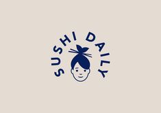 the logo for sushi daily with a woman's head in blue and white