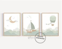 three prints with hot air balloons flying in the sky, one has a sailboat on it