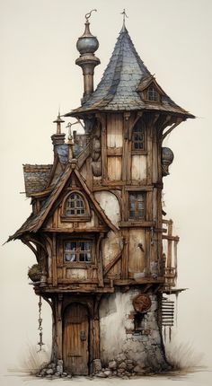 a drawing of a house made out of wood and stone with a tower on top