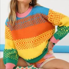 Make A Statement With This Colorful Chunky Knit Sweater - The Perfect Transition Piece From Winter To Spring! Cozy Color Block Crew Neck Sweater, Trendy Colorful Sweater For Fall, Spring Chunky Knit Crew Neck Sweater, Pink Trendy Cropped Knit Sweater, Trendy Pink Cropped Knit Sweater, Playful Long Sleeve Sweater For Fall, Trendy Multicolor Knit Sweater, Colorful Color Block Sweater For Spring, Playful Multicolor Winter Sweater