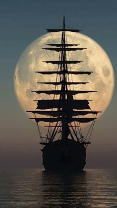 an image of a ship in the ocean with a full moon behind it and some words written below