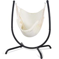 a white hammock hanging from a black stand