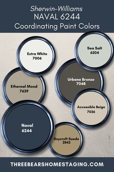 Sherwin Williams Naval SW 6244 Coordinating Paint Colors Naval Sw 6244, Naval Sherwin Williams, Sherwin Williams Naval, Coordinating Paint Colors, Dog Bathroom, Accessible Beige, Pintura Exterior, House Color Palettes, Paint Color Schemes