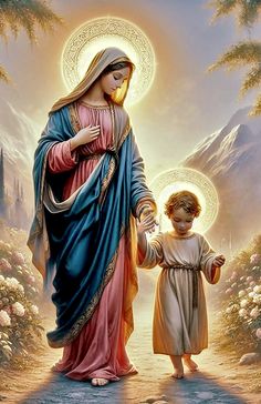 a painting of the virgin mary and child jesus holding hands with palm trees in the background