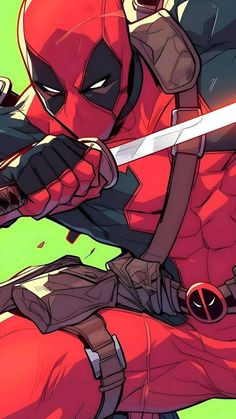 the deadpool character is holding two swords