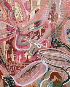 an abstract painting with pinks and greens on it's surface, including flowers