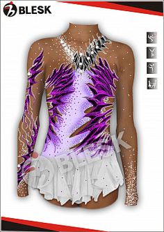 a woman's leotard with purple feathers on her body and white shorts