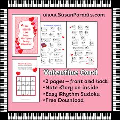 valentine card with piano keys and hearts on the page, including two pages for each