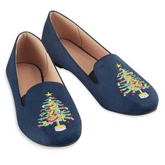 Perfect For The Holidays, These Colorful And Stylish Shoes Feature A Festive Embroidered Christmas Tree Design That Dresses Up Any Holiday Outfit. The Comfortable Flats Have Cushioned Insoles, Skid-Resistant Soles And Plenty Of Seasonal Style. Polyester, Polyurethane And Rubber; Imported. Specify Choose: Navy Or Black. Available In: Women's Sizes: 7, 8, 9, 10, 11 (Half Sizes Order Next Larger Size). Festive Handmade Slip-on Flats, Festive Embroidered Closed Toe Flats, Festive Embroidered Slip-on Flats, Festive Multicolor Slip-on Flats, Embroidered Leather Slip-on Flats, Girls Cotton Dresses, Holiday Shoes, Layette Set, Collections Etc