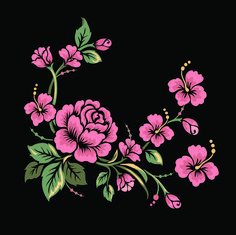 a pink flower on a black background with green leaves and flowers in the center,