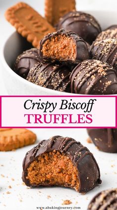 crispy biscoff truffles in a bowl with one bite taken out