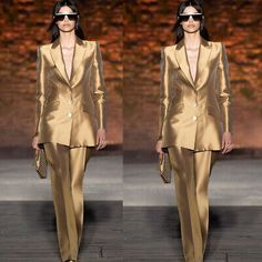 two pictures of a woman in a gold suit and sunglasses on the catwalks