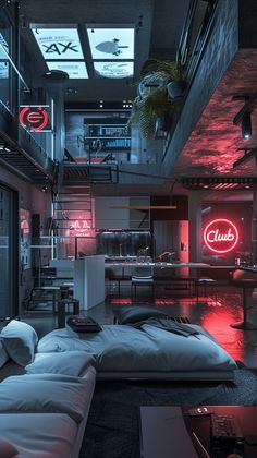 a bed sitting in the middle of a room next to a neon sign on the wall