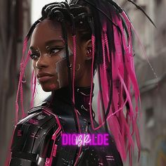 a woman with pink dreadlocks standing in the middle of an alleyway wearing a futuristic suit