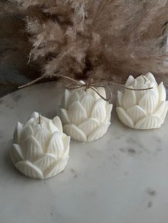 three white candles sitting on top of a marble table next to a dried plant and feathers