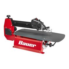 a red table sawing machine with the word baer on it