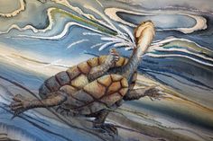 a painting of a turtle swimming in the water