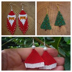 beaded christmas tree earrings with santa clause