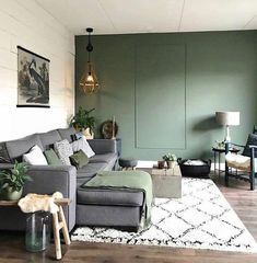 a living room with green walls and white rugs on the hardwood floor, along with a gray couch