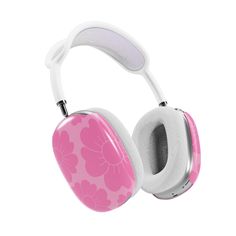 a pink and white headphone with flowers on it