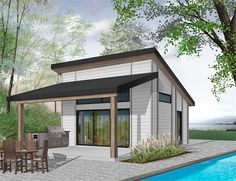 a rendering of a small house with a pool in the back ground and an outdoor dining area