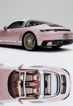 the pink sports car is shown from above and below