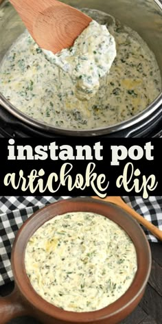 a pot filled with artichoke dip next to a wooden spoon and black and white checkered table cloth