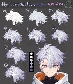 an anime character with white hair and blue eyes, surrounded by different hairstyles