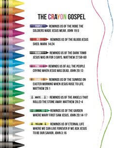 the crayon gospel poster is shown with many different colored pencils