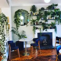 a living room filled with furniture and lots of greenery on the wall next to a fire place