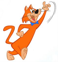 an orange cartoon cat wearing a blue bow tie and holding a toothbrush in its mouth