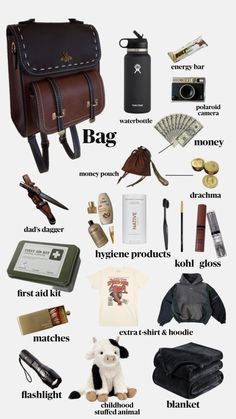 A pinterest collage including a bag and various items, all labeled. Writing Inspiration Characters, Pjo Dr, Blood And Bone, Money Pouch, Alt Style, Percy Jackson Characters, Handbag Essentials, George Weasley, Unique Baby Names