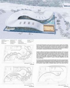 an aerial view of a building in the middle of snow covered ground with plans for it