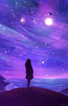 a woman standing on top of a hill under a purple sky with stars and birds