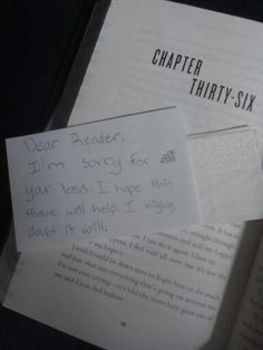 two pieces of paper with writing on them next to an open book that says, chapter thirty - six