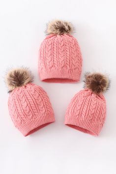 Bubblegum pink cable knit pom pom beanie hat baby toddler adult 100% Acrylic Baby: width 6.5 inch, height 10 inch Kids: width 6.8 inch, height 11 inch Adult: width 7.1 inch, height 11.5 inch flat lay measurement: width & height(include pom pom) HAT-007 Pink Cute Soft Knit Beanie, Grinch Pajamas, Winter Hand-knitted Pink Crochet Hat, One Size Pink Soft Knit Beanie, Pink Hand-knitted Crochet Beanie Hat, Pink Hand Knitted Beanie Cap, Pink Baby Hat Knit, Sequin Crafts, Pajama Day