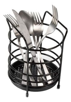 there are forks and spoons in the holder