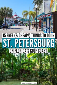 st petersburg on florida's gulf coast with palm trees in the foreground and text overlay that reads 15 free & cheap things to do in st petersburg on florida's gulf coast