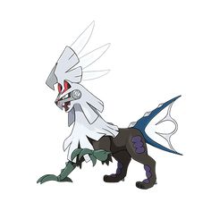 a white and black pokemon with large wings on it's back legs, standing in front of a white background