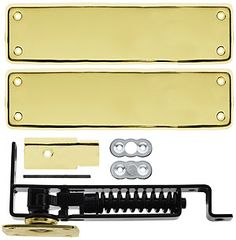 two brass plated guitar pickers with hardware and screws on each side, set against a white background