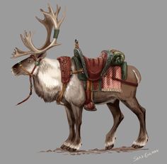 the reindeer is wearing a blanket on its back and pulling a sleigh behind it