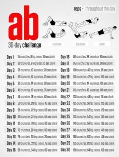 the 30 - day challenge workout plan is shown in red and black, with instructions for each