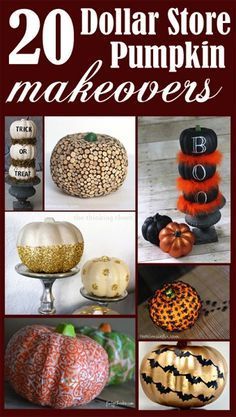 the cover of 20 dollar store pumpkin makeovers, with pictures of pumpkins and other decorations