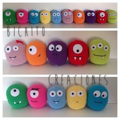 several crocheted balls with eyes and mouths on them, all in different colors