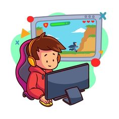 a person sitting in front of a computer monitor with headphones on and looking at the screen