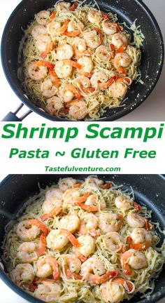 shrimp scampi pasta in a skillet and then topped with parmesan cheese