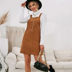 Shein Brand Nwot Half Placket Corduroy Overall Dress (Without Tee) Courdory Dress Outfits, Casual Corduroy Mini Dress For Fall, Courdory Dress Outfit, Overall Dress Outfit Fall, Corduroy Jumper Outfit, Overall Dress Outfit, Corduroy Overall, Fall Road Trip, Corduroy Overall Dress